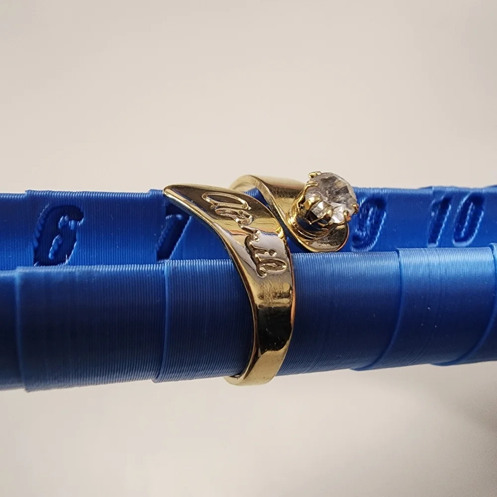 Sz 7 Gold Bypass Wrap Birthstone Name Ring & Bezel-Set Bubble Eternity Band Set